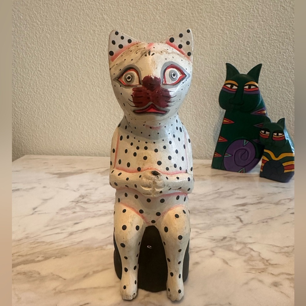 Vintage 8" Folk Art Tall Hand Carved Painted Wooden Cat Incense Holder